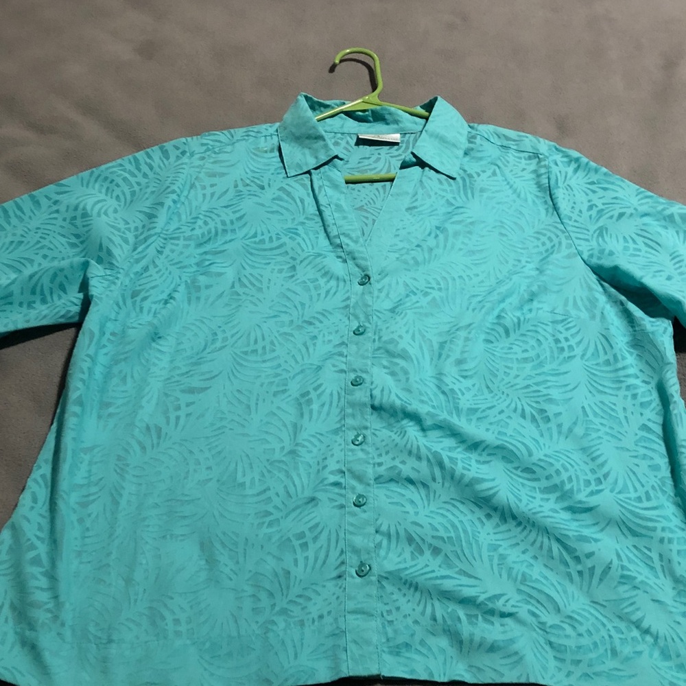 Studio Works Teal Button Up Women’s Blouse w/ palm leaf pattern No Size Pls Read